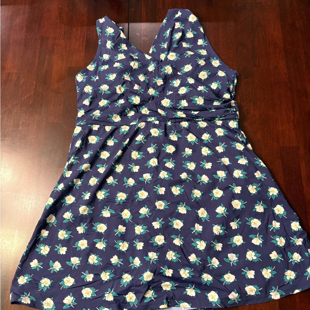 Navy Floral Sleeveless Girls One-Piece Swim Dress
